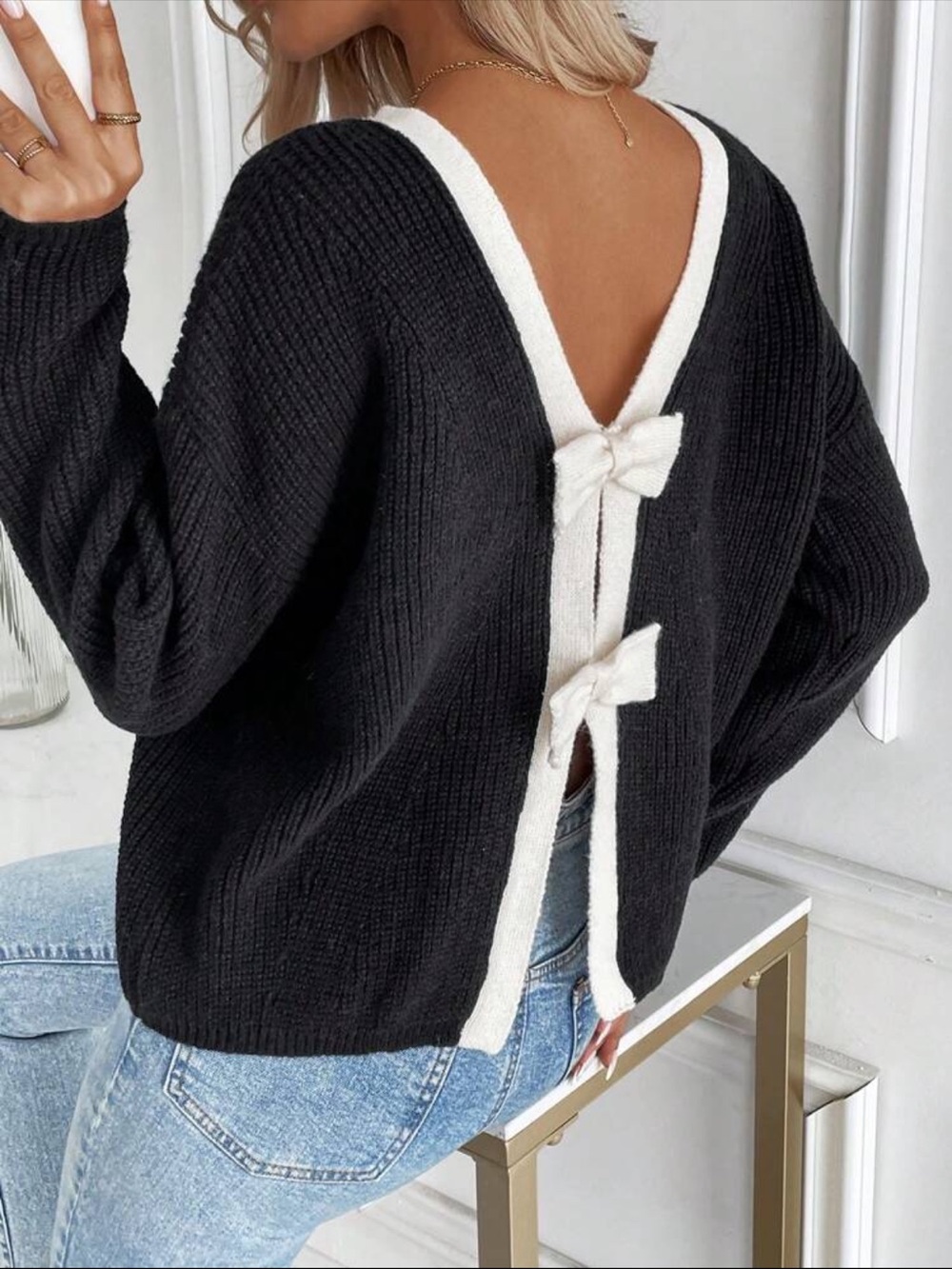 Black Knit Sweater with Cream Bow Back Detail